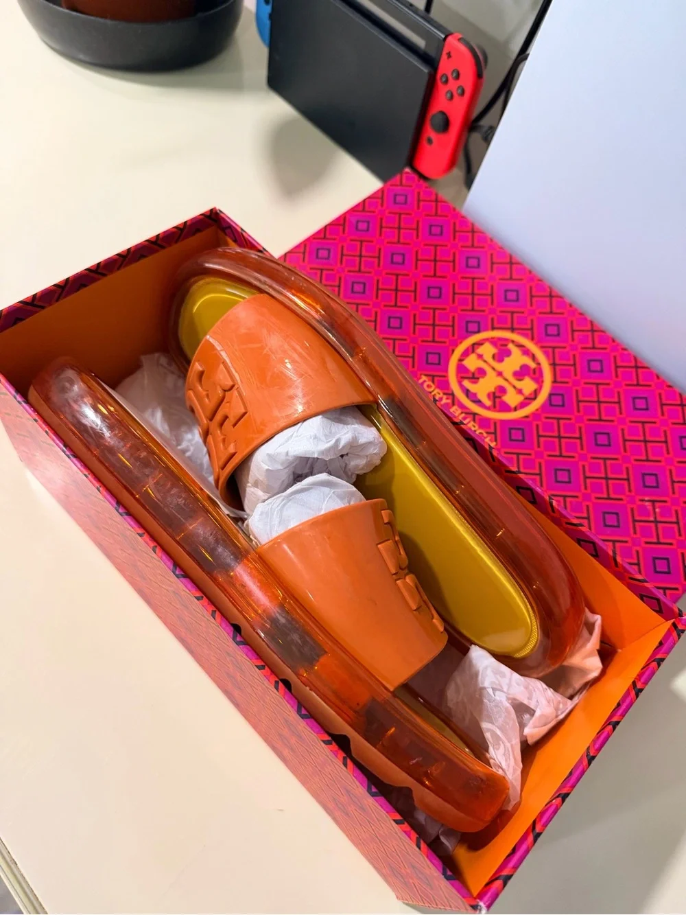 Orange Logo Slide Sandals with Yellow Footbed